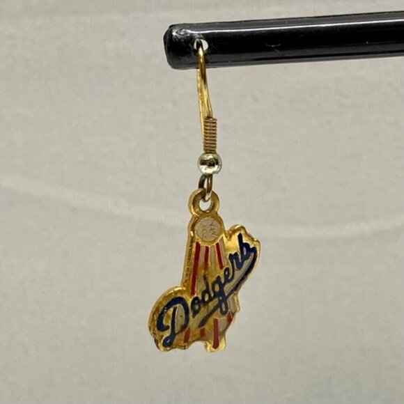 LA Dodgers Baseball Earrings Vintage Official MLB 1989 Gold Dangle Hook Pierced - Picture 2 of 15
